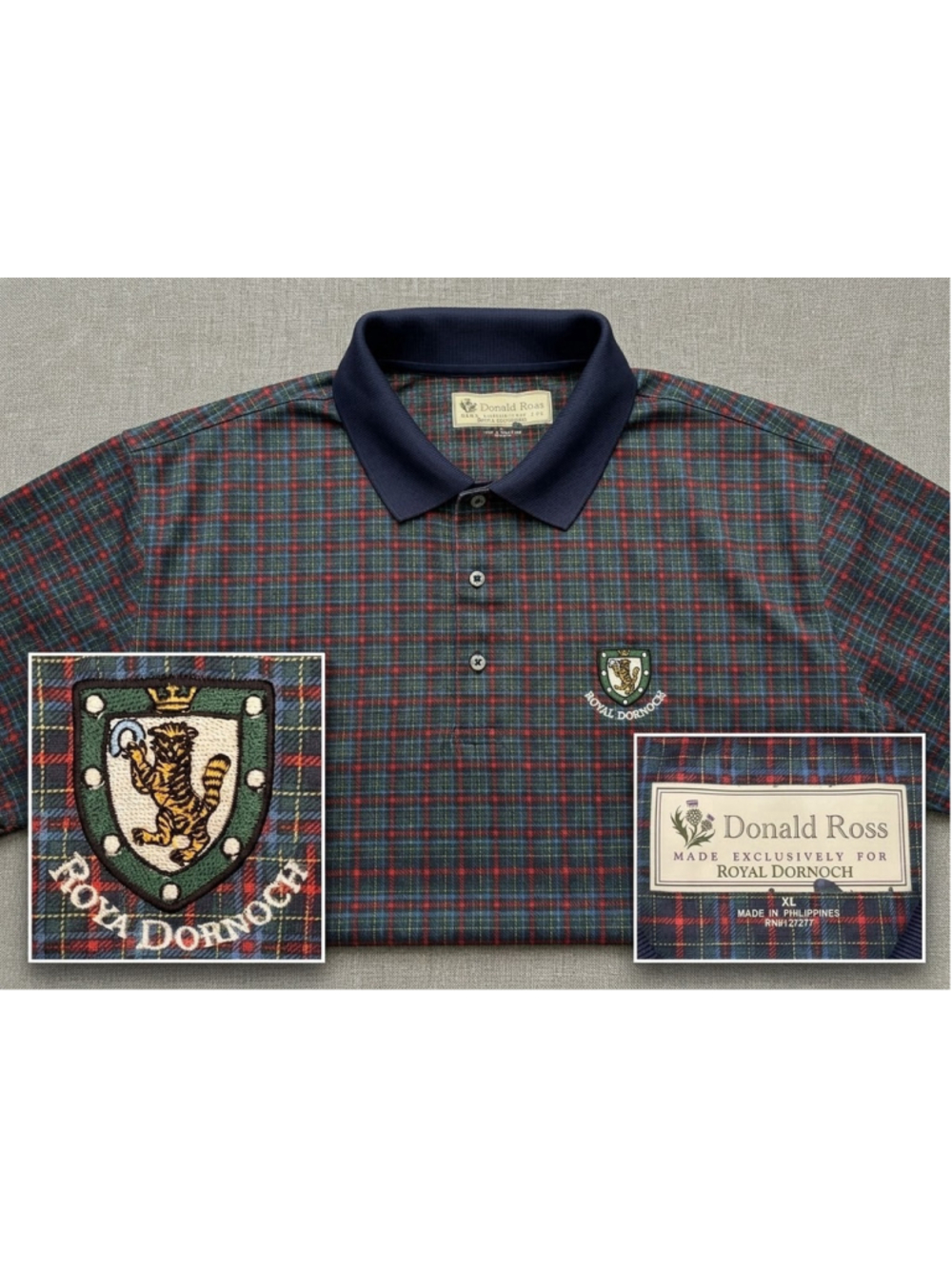 Donald Ross Golf Polo W/Royal Corniche Logo-Buchanan Tartan Plaid-XL-Scotland